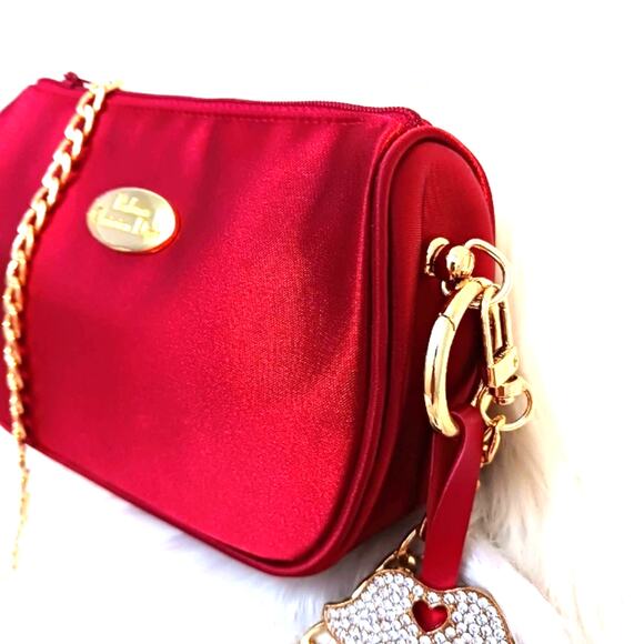 DIOR CROSSBODY Purse 6.5x4 Red Satin Beaute bag added Crystal Tassel Gold Chain - Picture 5 of 16